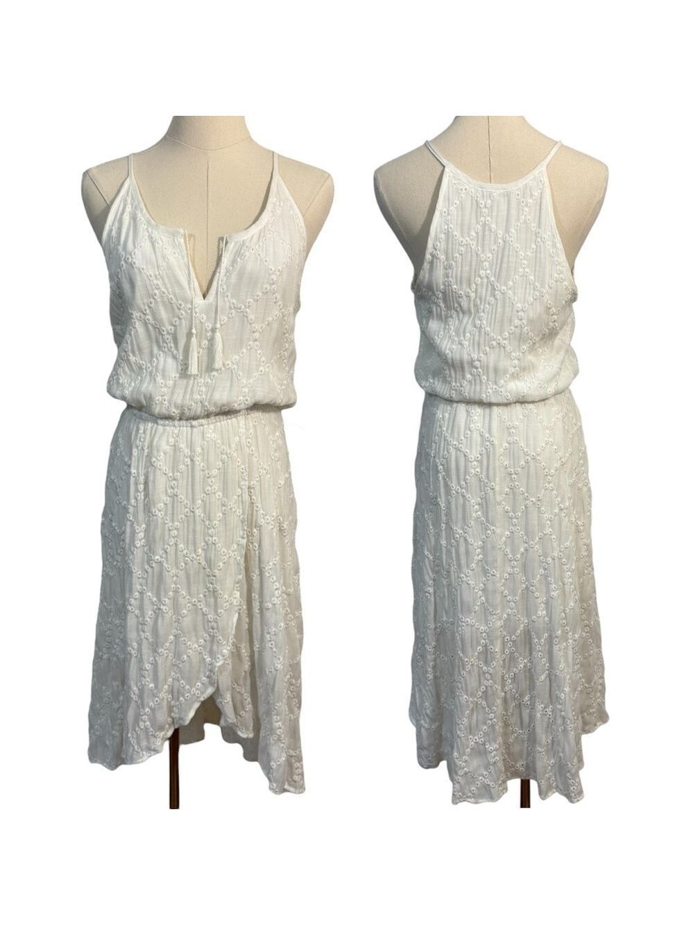 Temperance Eyelet Lace Dress Sz S White Halter Faux Wrap Short Coastal Summer